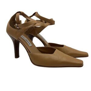 Y2K Steve Madden 7.5 Tan Leather Strappy Heels Shoes Pointed Square Toe
